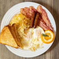 2 Eggs Any Style With Hash Brown Potatoes Or Home Fry Potatoes · With wheat or white toast and butter.