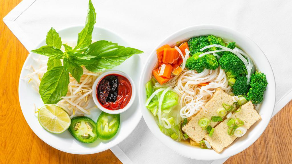 Pho Chay (Veggie Pho) · 100% vegetarian noodle soup with tofu, mushroom.