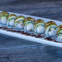 Caterpillar Roll · Crab mix avocado, and cucumber wrapped inside, topped with avocado and Eel sauce.