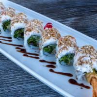 Green River Roll · Shrimp tempura, lettuce and cucumber wrapped with soy paper topped with crab and Eel sauce.
