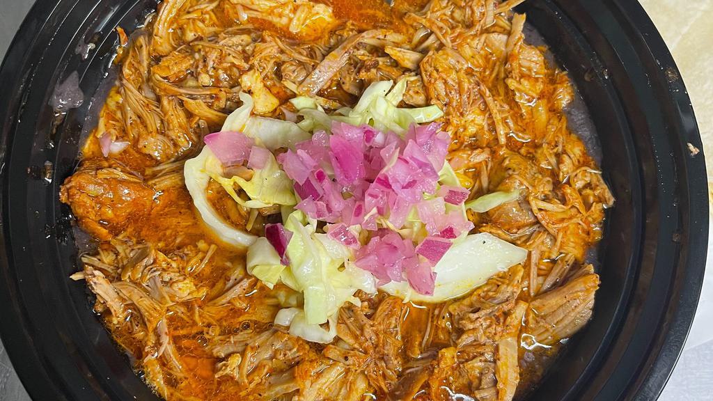 Cochinita Pibil Bowl · Slow cooked pork loin and leg marinated in achiote. Served with pickled red onion and five corn tortillas.