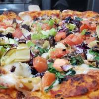 Veggie Pizza · Marinara, mushroom, red onion, artichoke hearts, kalamata olive, green pepper, tomato, spina...