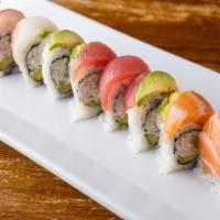 Rainbow Roll · Snow crab, avocado inside, topped with four kinds of sashimi and avocado.

Consuming raw or ...