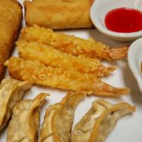 Combo Appetizer Platter · Four gyoza, two spring rolls, one egg roll, and two tempura prawns.