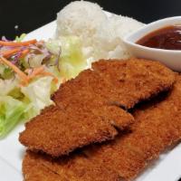 Katsu · Breast. Served with steamed rice and salad.