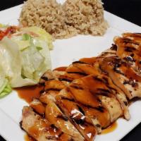 Chicken Breast · Served with steamed rice and salad.