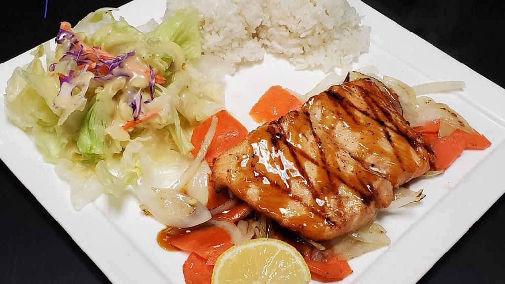 Salmon · Served with steamed rice and salad.