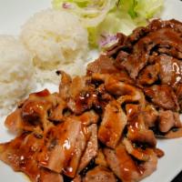 Beef And Pork · Served with steamed rice and salad.