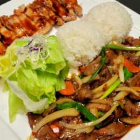 Mongolian Beef And Chicken Teriyaki · Served with steamed rice and salad.