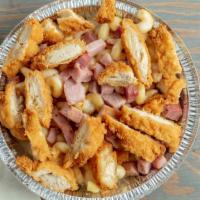 Chicken Cordon Bleu Mac · Swiss Mac, Chopped Fried Chicken Strips, and Diced Ham.
