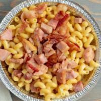 Swiss Pig Mac · Swiss Cheese Mac, Crumbled Thick Cut Applewood Smoked Bacon, and Diced Ham