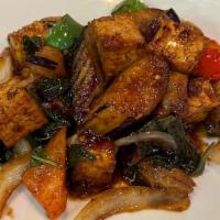 Spicy Eggplant · Choice of meat stir-fried with eggplants, basil leaves, carrots, bell peppers