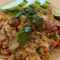 Chinese Sausage Fried Rice  · Chinese sausage stir fried with rice, onion green ,eggs carrots.