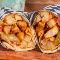 Chicken Saj · Chicken shawarma, lettuce, tomato, onion, pickles, hummus marinated chicken,hummus, lettuce,...