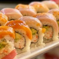 Rainbow Roll · crab mix, avocado, cucumber, top: chef's choice assorted fish