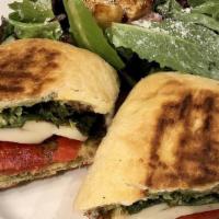 Santa Fe Chicken Panini · blackened chicken, jack cheese, roasted red peppers, caramelized onion, avocado, chili peppe...