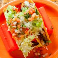 Hard Tacos · 2 hard shell tacos
topped with lettuce & pico de gallo
rice & beans on side.