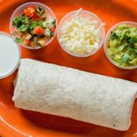 Super Burrito · Beans, rice, meat, guacamole, sour cream, cheese and pico de gallo.