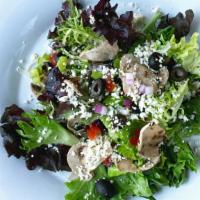 Vera Salad Large · mixed greens, green peppers, onions, mushrooms, black olives, tomatoes, feta, & choice of dr...