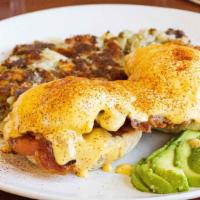 California Benedict · Toasted English muffin, topped with bacon, tomatoes, poached eggs, hollandaise sauce, and av...