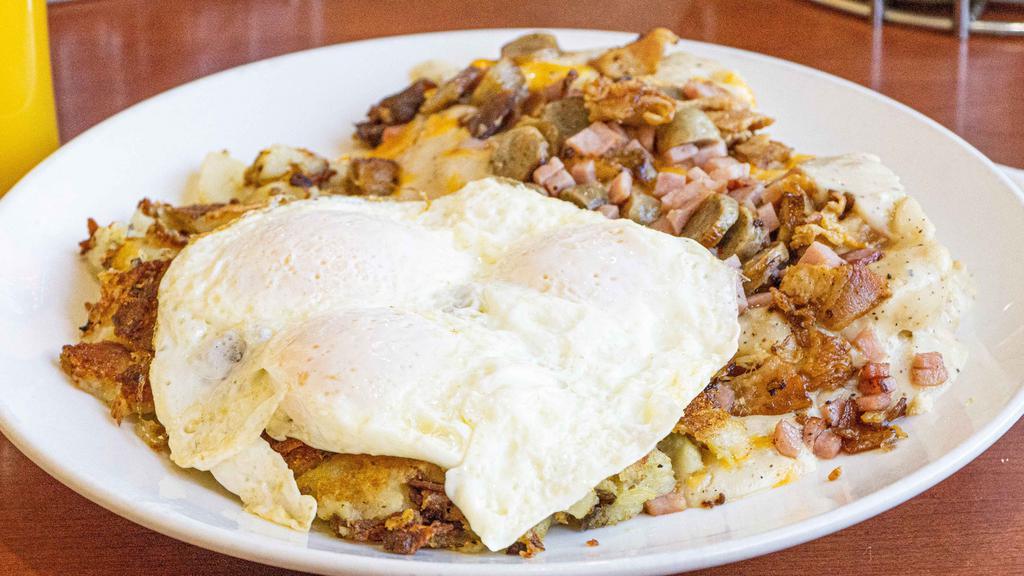 Loaded Biscuit · One biscuit smothered in sausage gravy and topped with cheddar/ jack cheese, chopped ham, bacon, and sausage. Served with three eggs and home fries.
