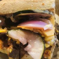 Asian Cheesesteak · Grilled steak with soy-ginger Bulgogi marinade, American cheese, pickled cucumber, red onion...