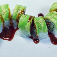 Caterpillar Roll (8Pcs) · Unagi, cucumber inside and topped with avocado and eel sauce