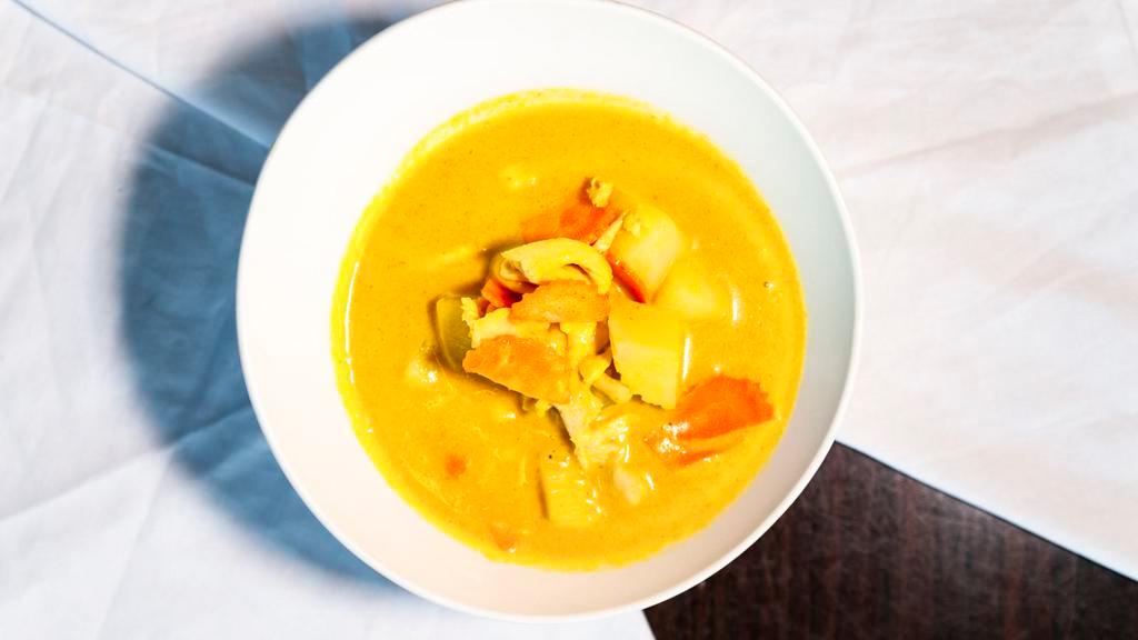 Yellow Curry (Kang Ka Ree) · With potatoes, carrots, and coconut milk. Choice of: chicken, pork, beef, vegetables, or tofu.  Shrimp add $2.00