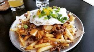 Loco Moco Fries · Gravy, ground beef, and bacon, caramelized onions, fresh mozzarella, fried egg.