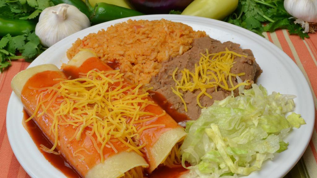 #4. 2 Enchiladas · Choice of Beef or Chicken or Cheese Enchilada Includes Lettuce. All combos include Rice and Beans with Cheese