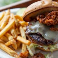 No Doubt Stout Bbq Burger · Swiss cheese, bacon, No Doubt Stout BBQ sauce and fried red onion strings. Served with pub s...