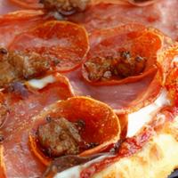 Butcher Block · Mozzarella Cheese, Salami, Pepperoni, Canadian Bacon, Italian Sausage