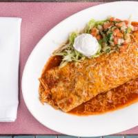 Santa Fe Burrito · Filled with rice, beans grounded beef or chicken. Topped with melted cheese, lettuce, onions...