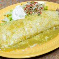 Chile Verde Burrito · Chunks of pork cooked in a green tomatillo sauce. Filled with rice and whole beans, topped w...