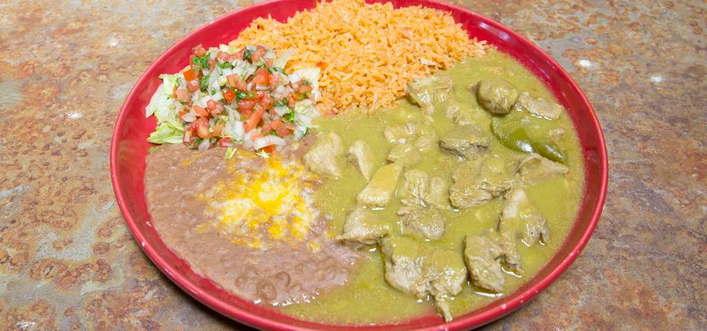 Chile Verde · Pork stew cooked in a green tomatillo sauce. Served with rice, beans and tortillas.
