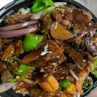Shishito Bowl · Grilled steak or chicken wok seared with baby corn, shishito peppers and red onions placed o...