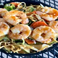 Shrimp Yakisoba · Japanese noodles wok stirred with jumbo shrimp, our Japanese vegetables (carrots, broccoli, ...