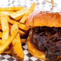 Beer And Bacon Burger · 6 oz. hand-packed fresh beef patty, White Dog Scotch Ale bacon jam (blend of bacon, onions, ...