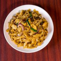 Drunken Noodles · Spicy flat rice noodles with basil, bean sprouts and green onions.