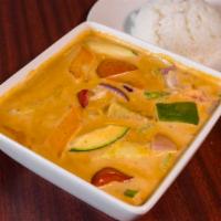Panang · Gluten free. Spicy curry with coconut milk, tomato, bell pepper, carrots, bamboo shoots pota...