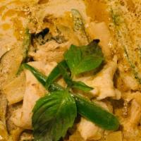 L- Green Curry · Your choice of meat with eggplant, bamboo, jalapeno peppers, and basil simmered in green cur...