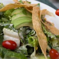 Aztec Salad · romaine, corn and black bean salsa, avocado, tortilla strips, cheddar cheese, tomato, jalape...