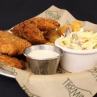 T-N-T Basket · Crispy chicken tenders and tater tots  served with buttermilk coleslaw and peppercorn ranch ...