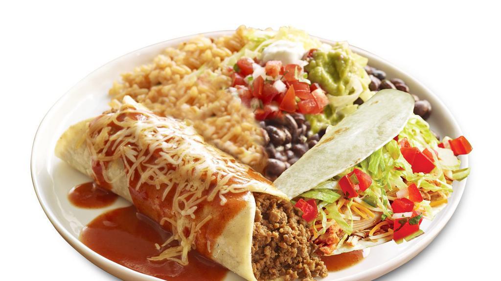 Enchilada Platter · 2 enchiladas or 1 enchilada and 1 taco. Includes rice, refried beans, lettuce, pico, sour cream, and guacamole.