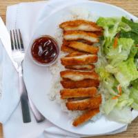 Chicken Katsu · Covered in panko breadcrumbs and fried.