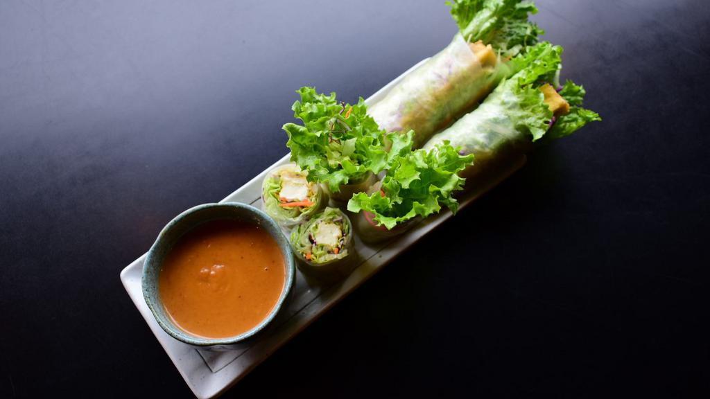 Fresh Rolls Tofu · green leaf & iceberg lettuce, cabbage, bean sprouts, carrots and cucumber wrapped in clear rice paper served with peanut sauce