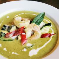 Green Curry · Zucchini, eggplant, bell peppers, basil, green curry paste, and coconut milk.