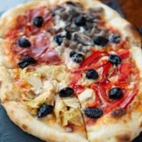 Four Seasons · red sauce, coppa, mushrooms, roasted red peppers, artichokes, olives.