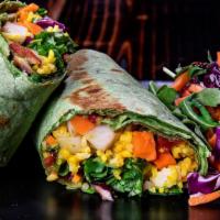 Veggie Curry Wrap · Spinach Wrap with Tomato Chutney, House Greens, and Veggie Curry,