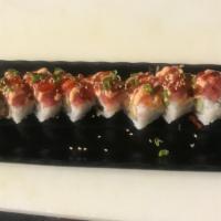 Fire On The Mountain Roll · Shrimp tempura,avocado topped with spicy tuna,tobiko spicy mayo green onion and housemade sp...